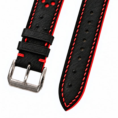 Black and Red Racing Small Holes Ostrich Leather Watch Strap - full strap red racing holes