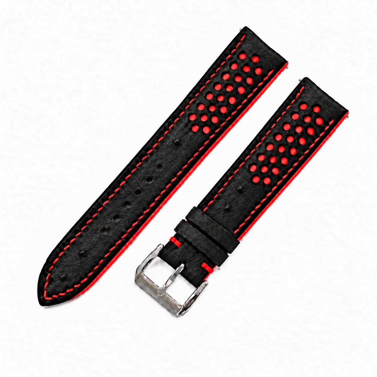 Black and Red Racing Small Holes Ostrich Leather Watch Strap - front view red perforations