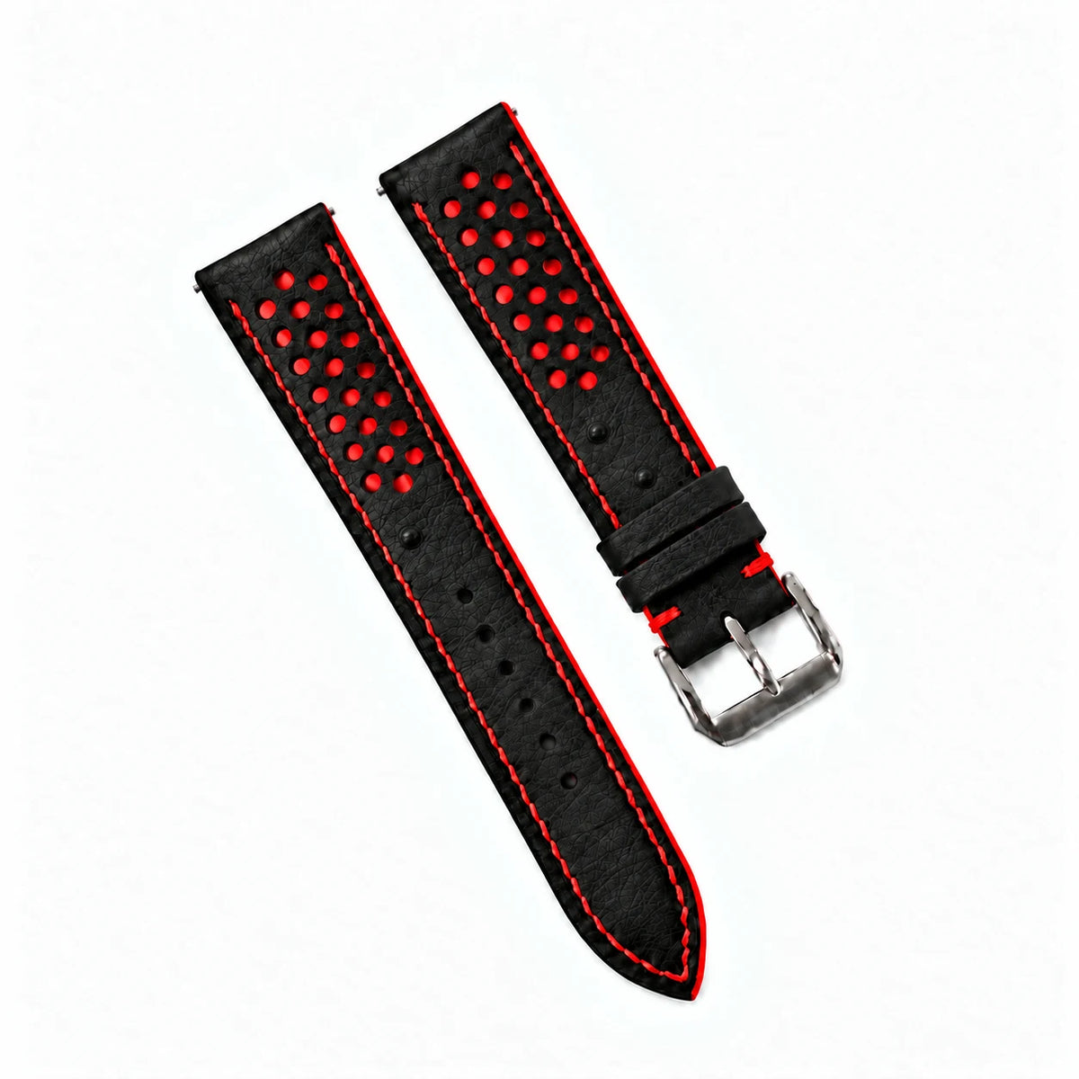 Black and Red Racing Small Holes Ostrich Leather Watch Strap - racing holes red underlay macro