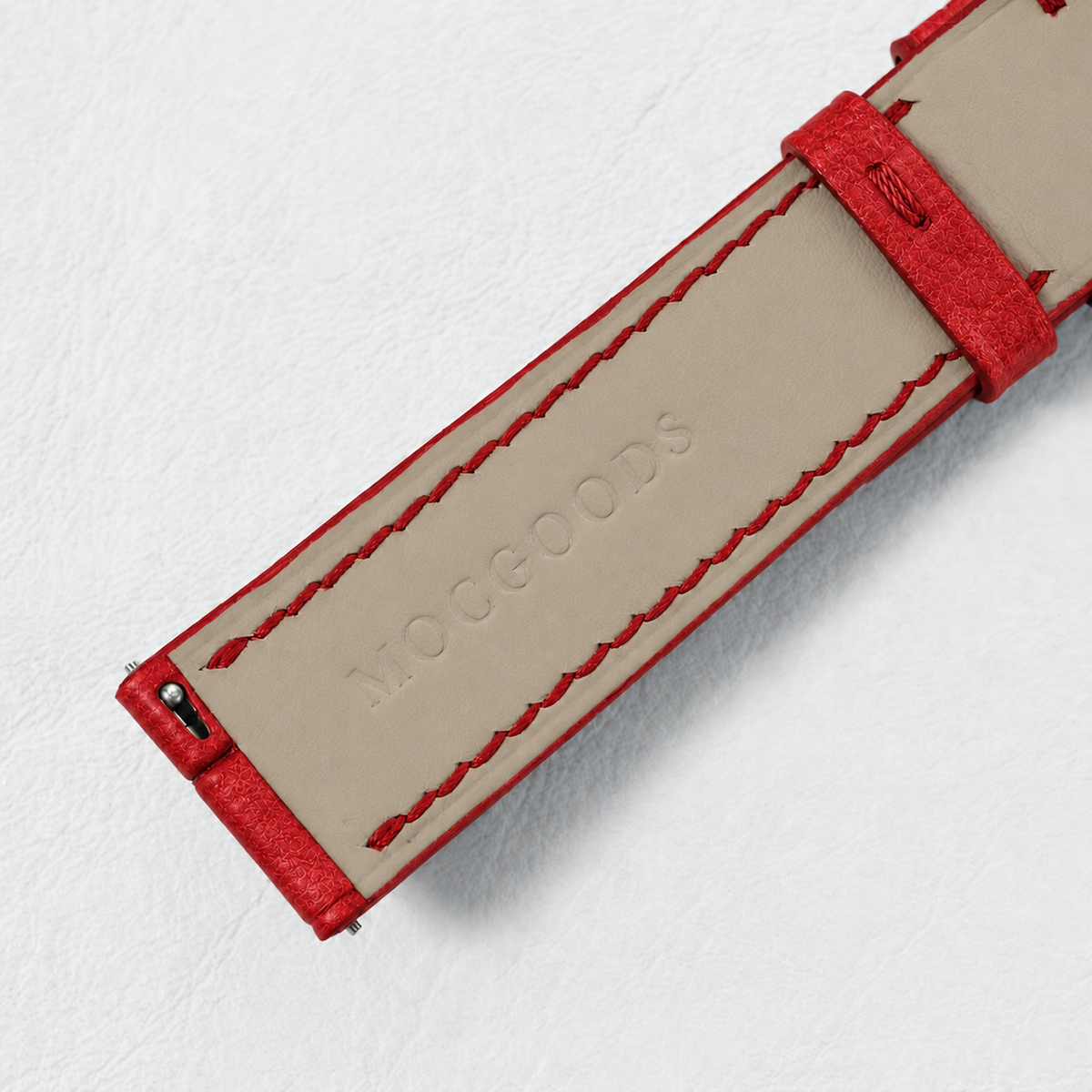 Red Togo strap underside lining macro