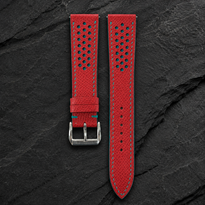 Red and Turquoise Racing Small Holes Rally Epsom Leather Watch Strap - front and back