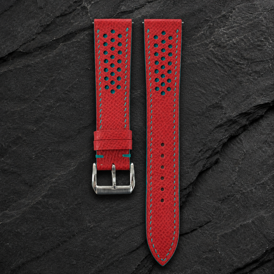 Red and Turquoise Racing Small Holes Rally Epsom Leather Watch Strap - front and back