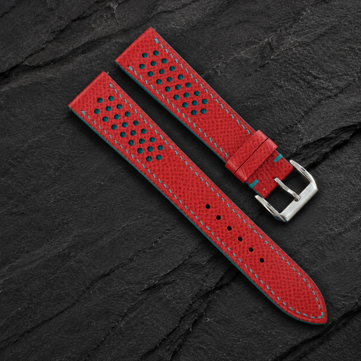 Red and Turquoise Racing Small Holes Rally Epsom Leather Watch Strap - racing holes with turquoise underlay