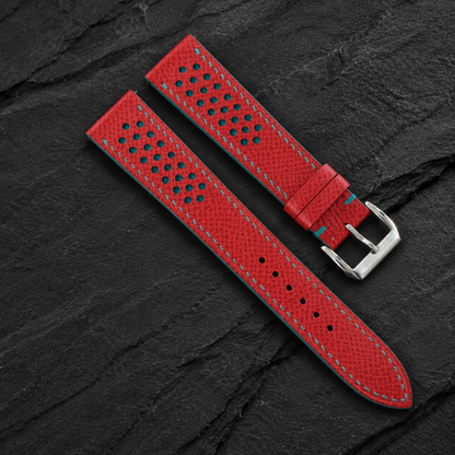 Red and Turquoise Racing Small Holes Rally Epsom Leather Watch Strap - racing holes with turquoise underlay