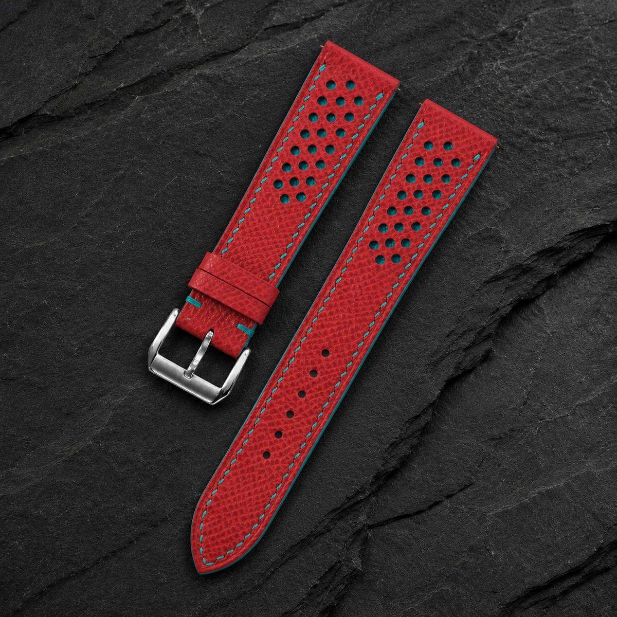 Red and Turquoise Racing Small Holes Rally Epsom Leather Watch Strap - buckle and turquoise stitching