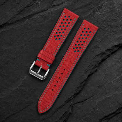 Red and Turquoise Racing Small Holes Rally Epsom Leather Watch Strap - buckle and turquoise stitching
