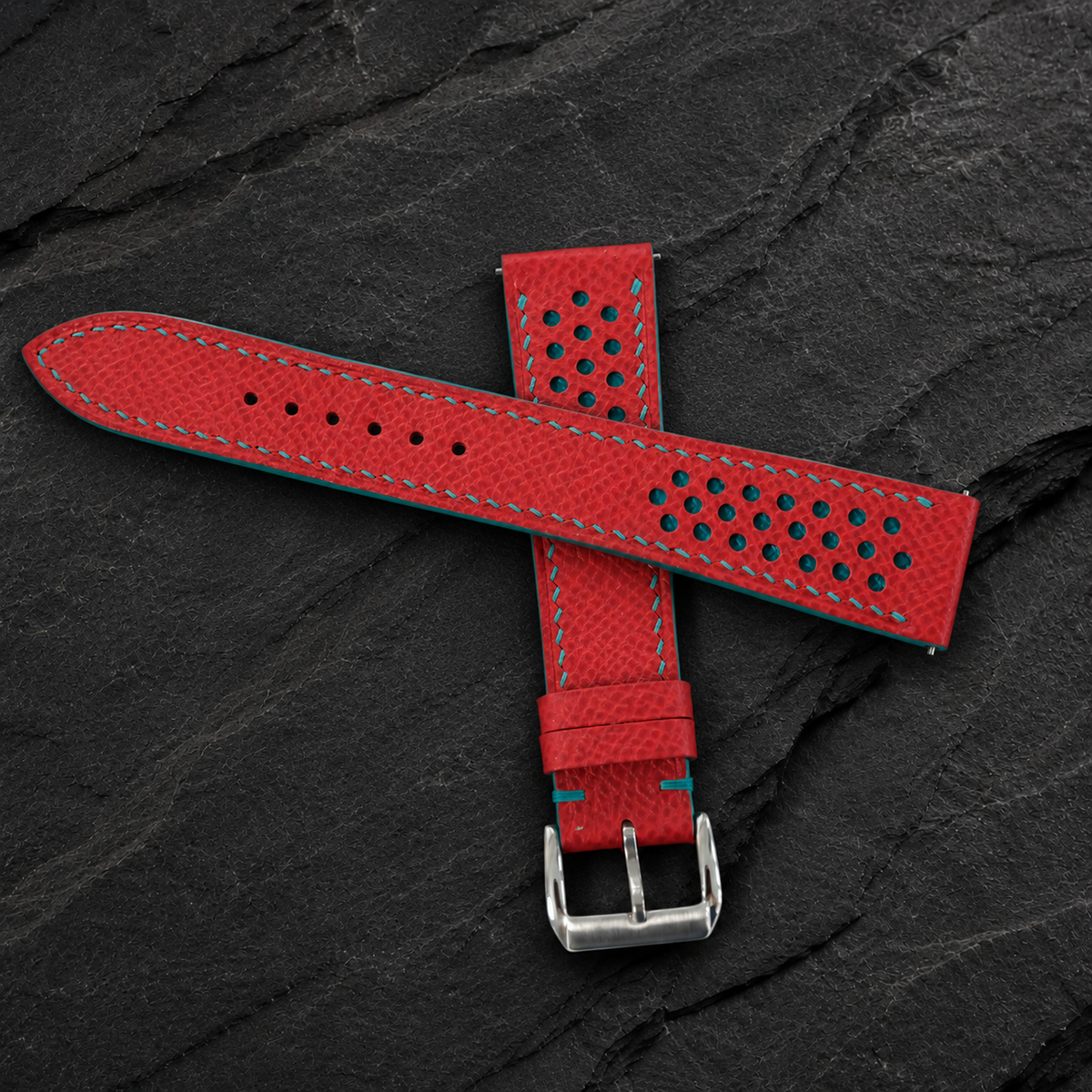 Red and Turquoise Racing Small Holes Rally Epsom Leather Watch Strap - turquoise edge detail