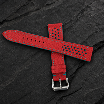 Red and Turquoise Racing Small Holes Rally Epsom Leather Watch Strap - turquoise edge detail