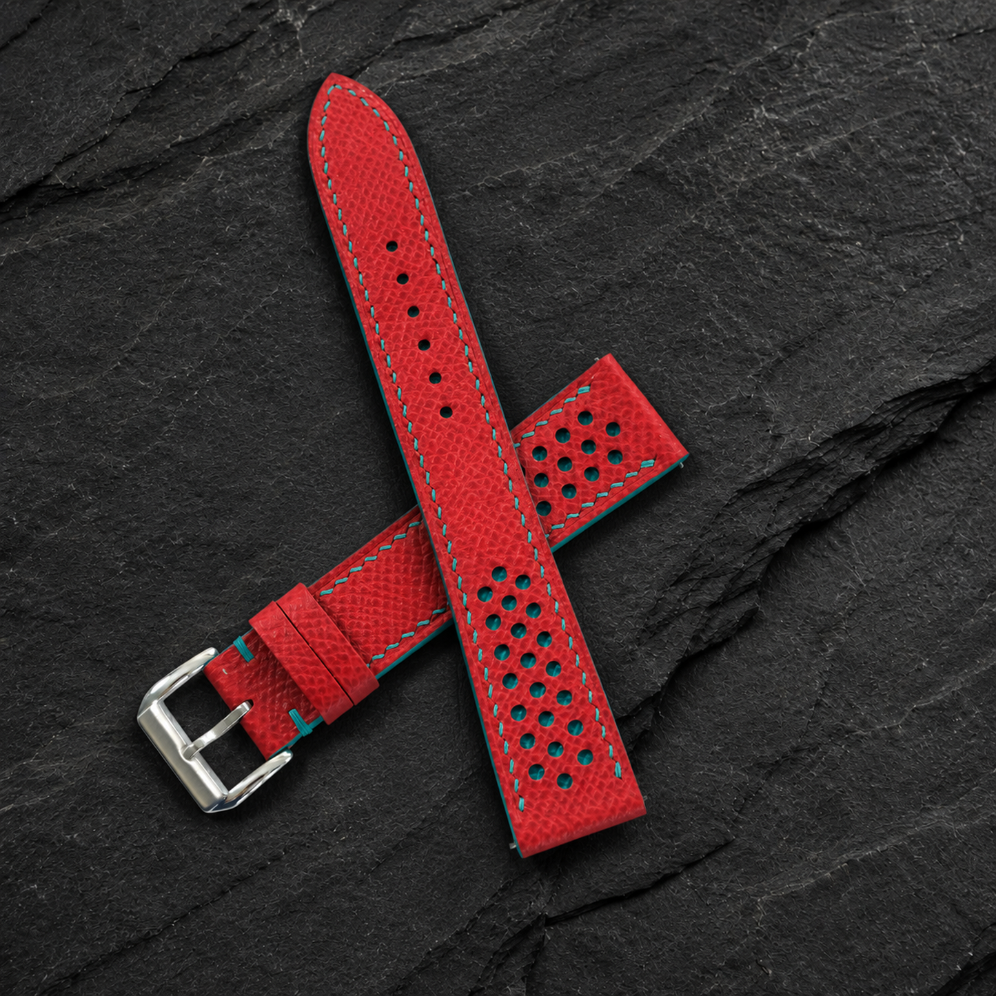 Red and Turquoise Racing Small Holes Rally Epsom Leather Watch Strap - tapered tip and keeper