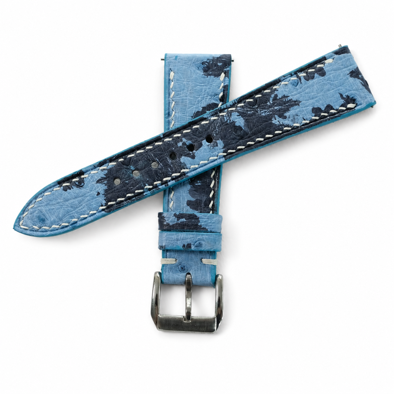 Sky Blue Navy Camo Ostrich Leather Watch Strap - Photo 2