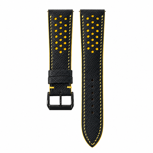Padded Black Yellow Small Rally Epsom Leather Watch Strap - hero
