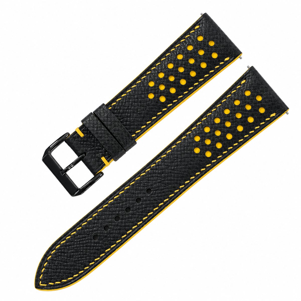 Padded Black Yellow Small Rally Epsom Leather Watch Strap - small rally perforation detail