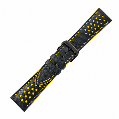 Padded Black Yellow Small Rally Epsom Leather Watch Strap - side view