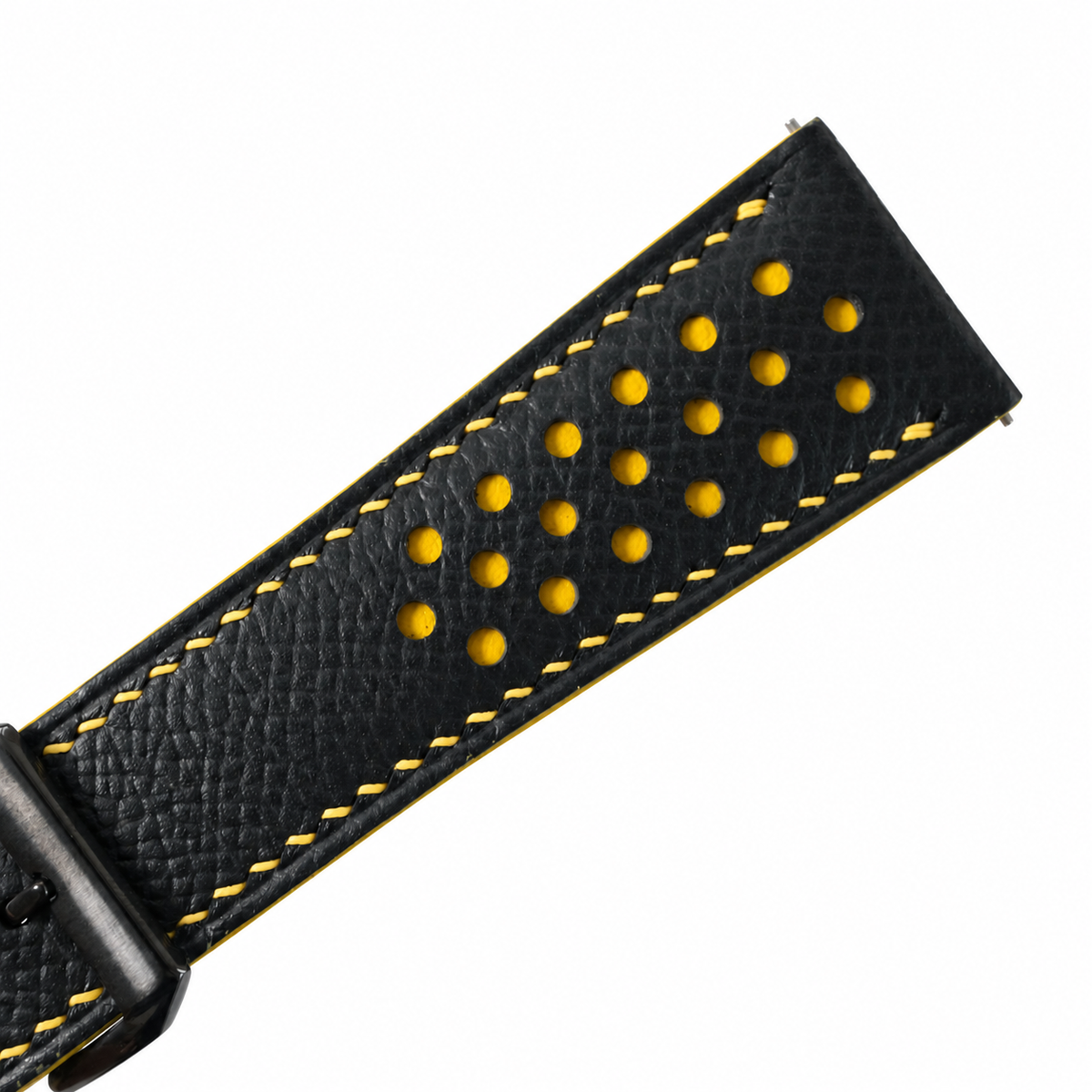 Padded Black Yellow Small Rally Epsom Leather Watch Strap - yellow contrast stitching