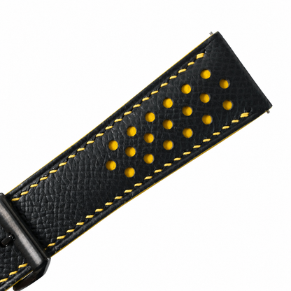 Padded Black Yellow Small Rally Epsom Leather Watch Strap - yellow contrast stitching