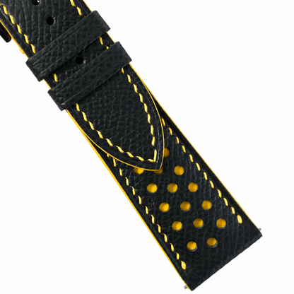 Padded Black Yellow Small Rally Epsom Leather Watch Strap - buckle and edge