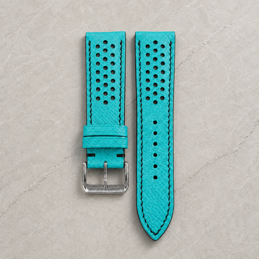 Turquoise and Black Racing Small Holes Rally Epsom Leather Watch Strap - Photo 1