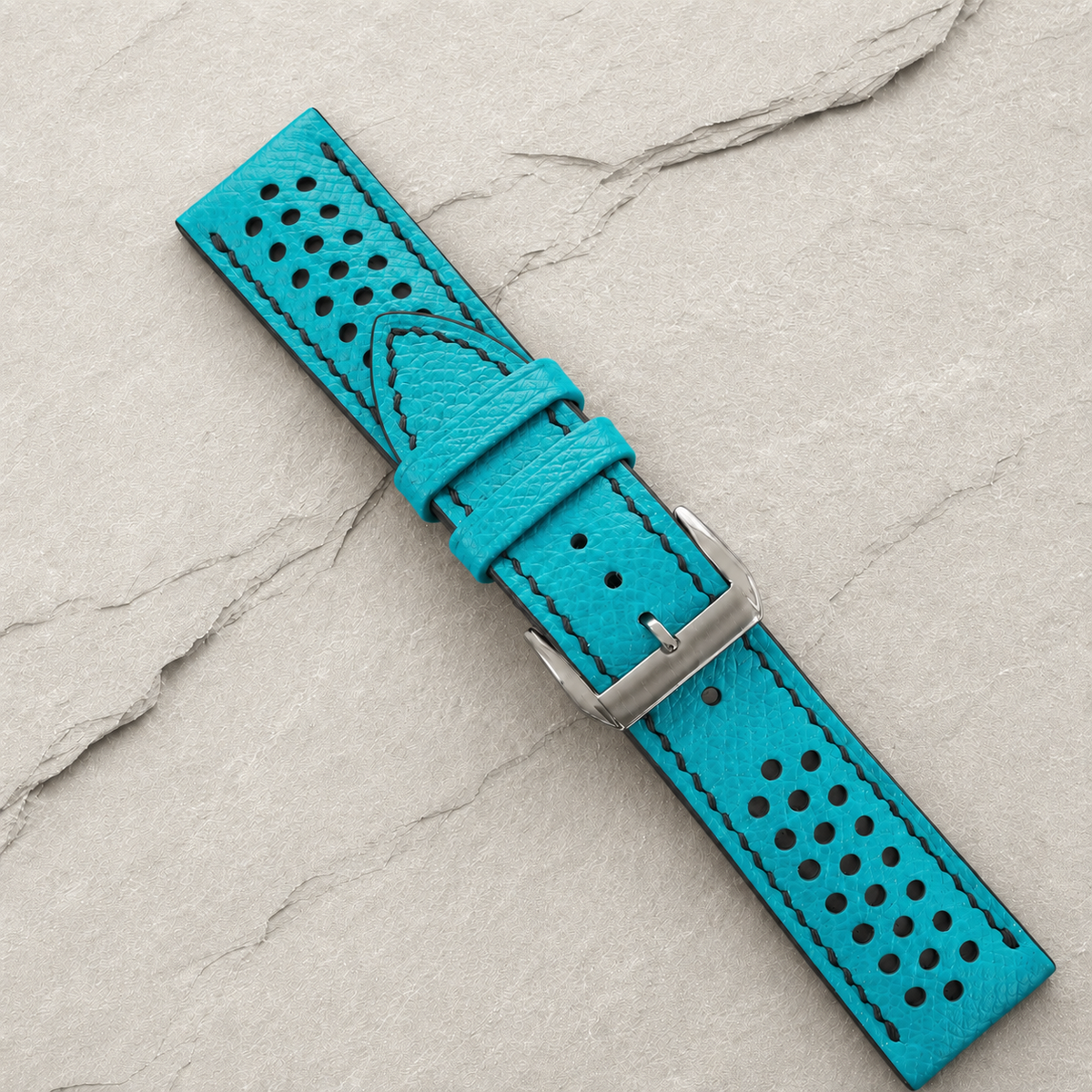 Turquoise and Black Racing Small Holes Rally Epsom Leather Watch Strap - Photo 2