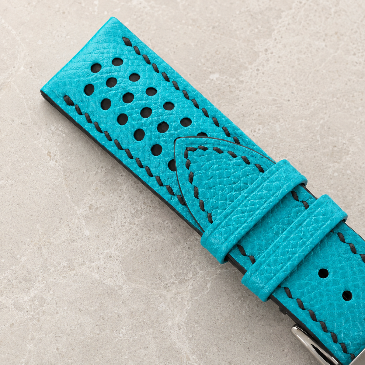 Turquoise and Black Racing Small Holes Rally Epsom Leather Watch Strap - Photo 5
