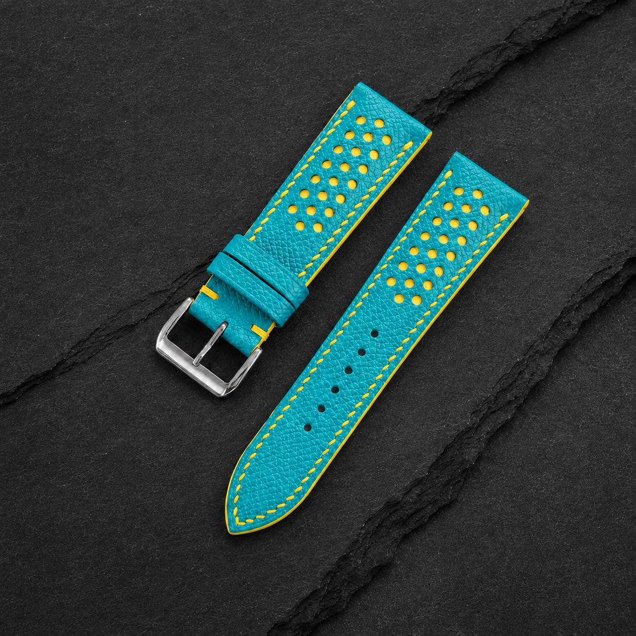 Turquoise and Yellow Racing Small Holes Rally Epsom Leather Watch Strap - Photo 1