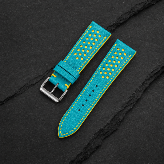 Turquoise and Yellow Racing Small Holes Rally Epsom Leather Watch Strap - Photo 1