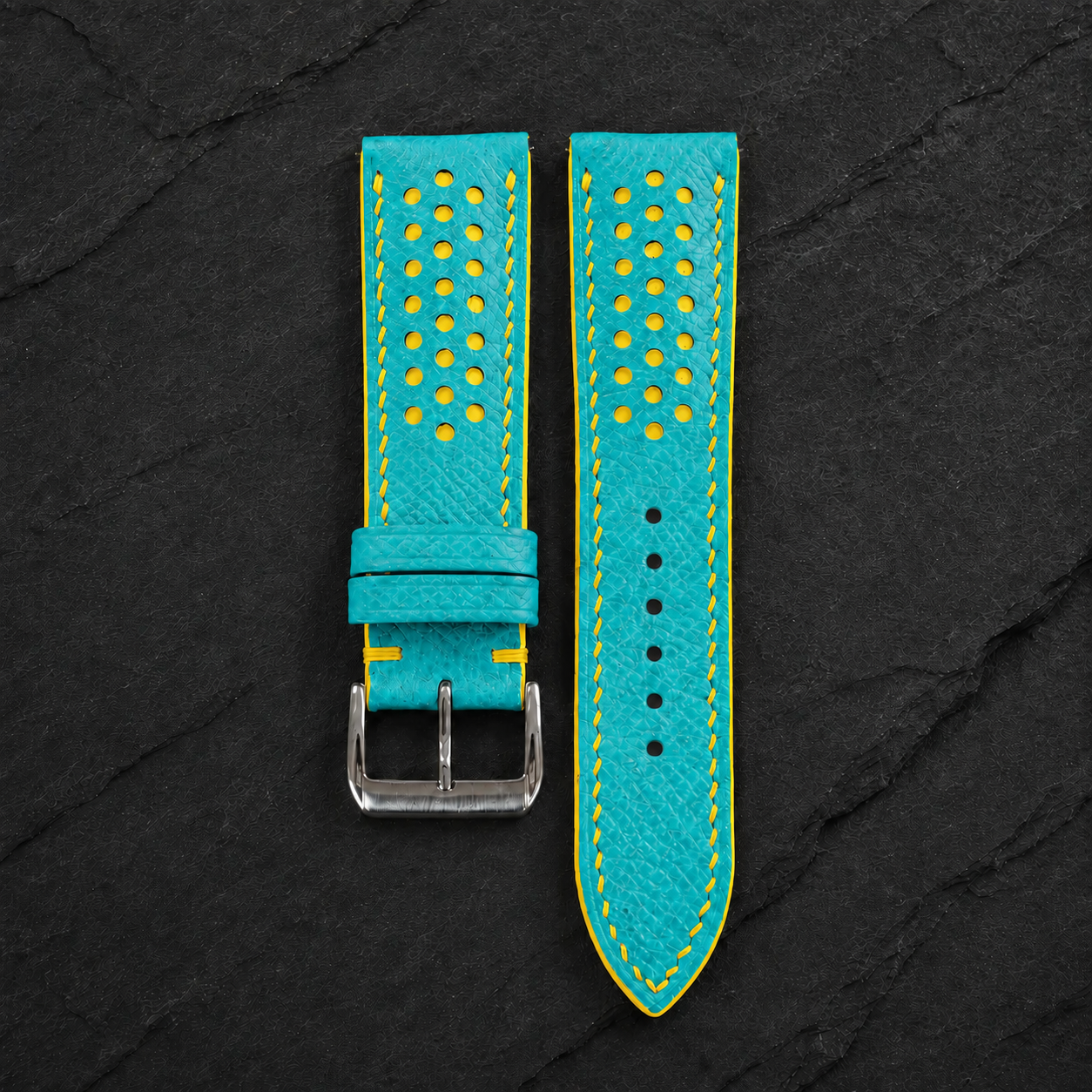 Turquoise and Yellow Racing Small Holes Rally Epsom Leather Watch Strap - Photo 2