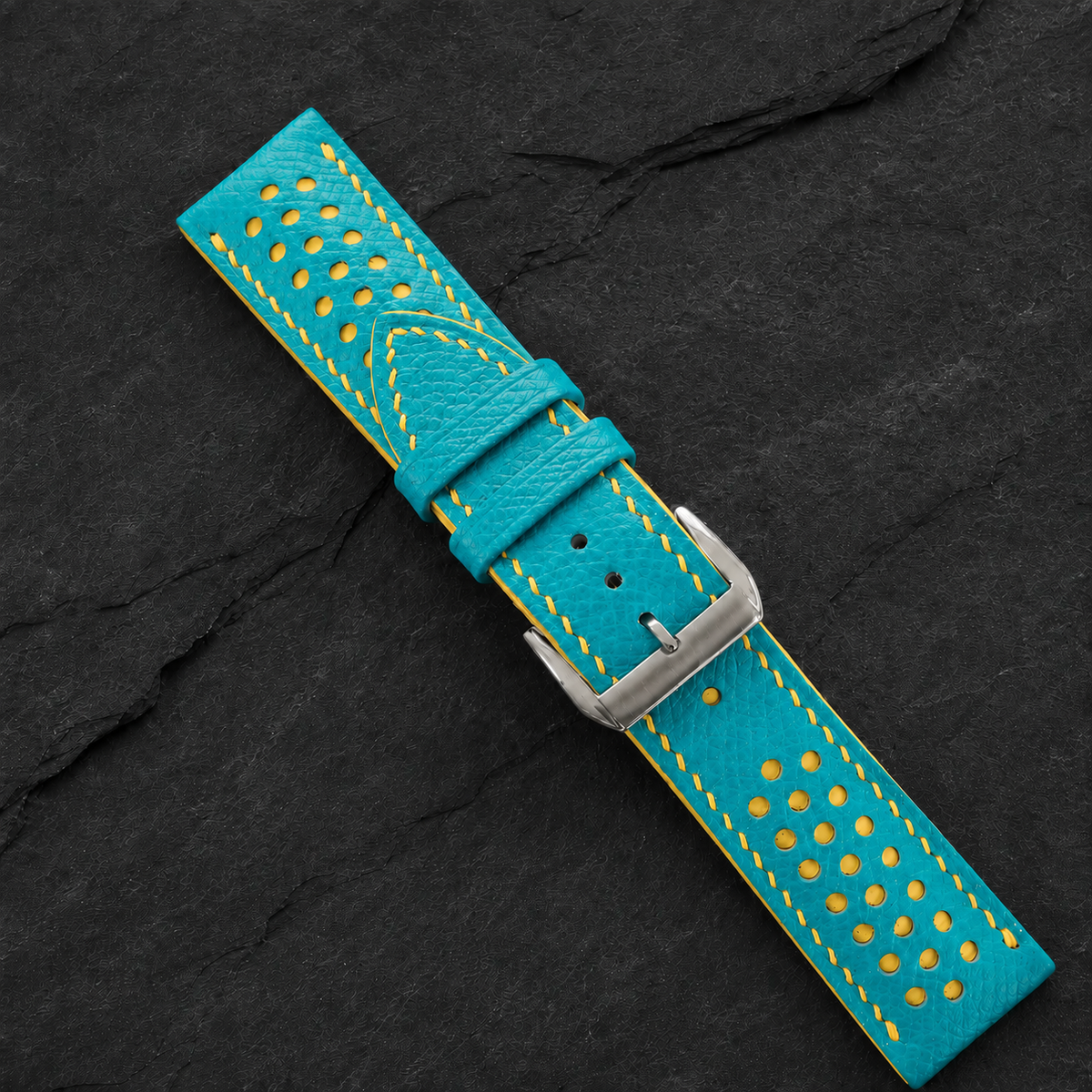 Turquoise and Yellow Racing Small Holes Rally Epsom Leather Watch Strap - Photo 3