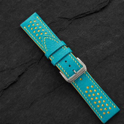 Turquoise and Yellow Racing Small Holes Rally Epsom Leather Watch Strap - Photo 3