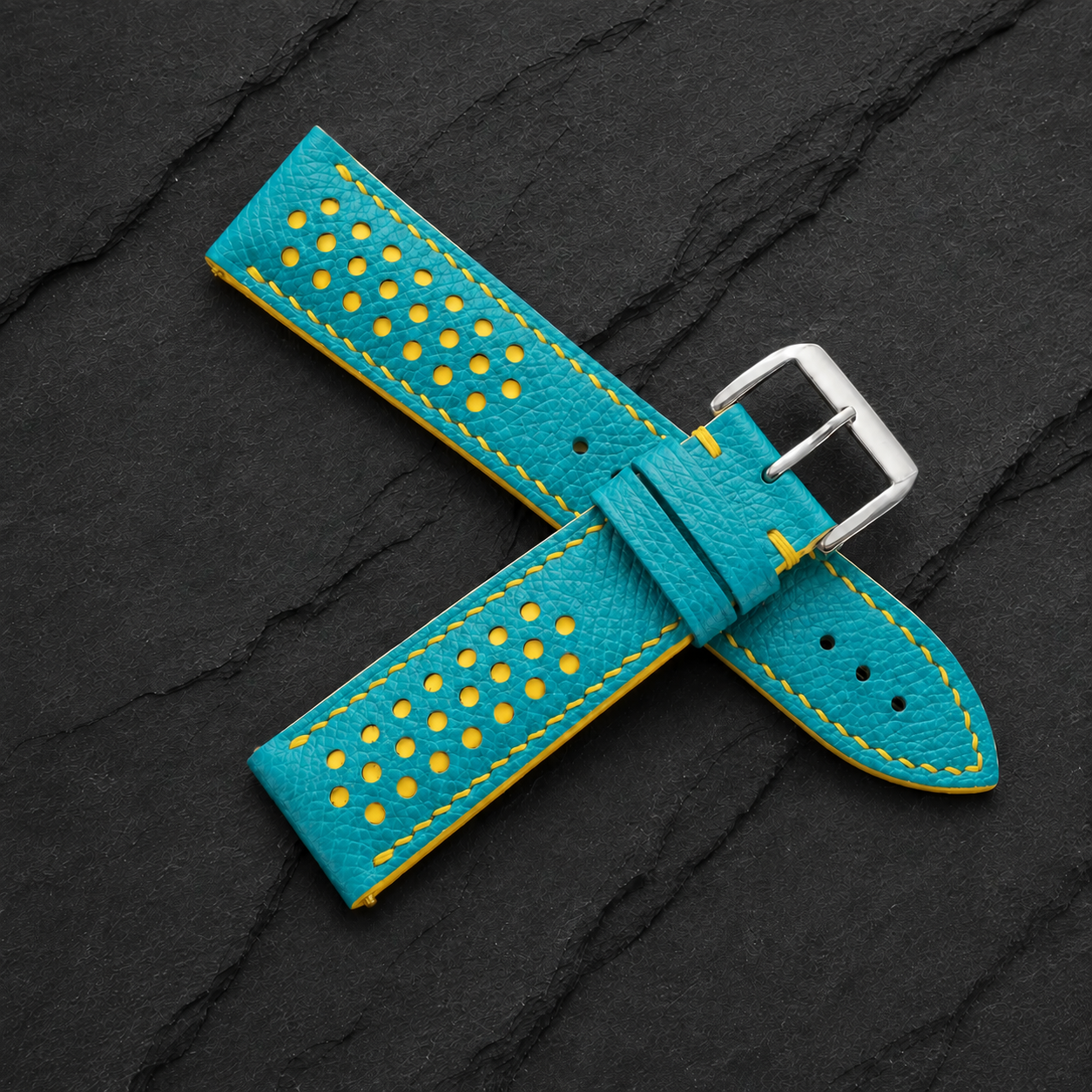 Turquoise and Yellow Racing Small Holes Rally Epsom Leather Watch Strap - Photo 4