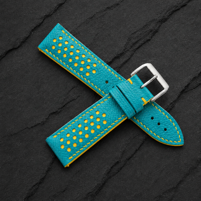 Turquoise and Yellow Racing Small Holes Rally Epsom Leather Watch Strap - Photo 4