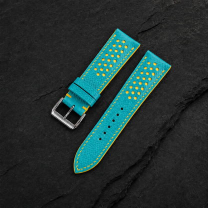 Turquoise and Yellow Racing Small Holes Rally Epsom Leather Watch Strap - Photo 5
