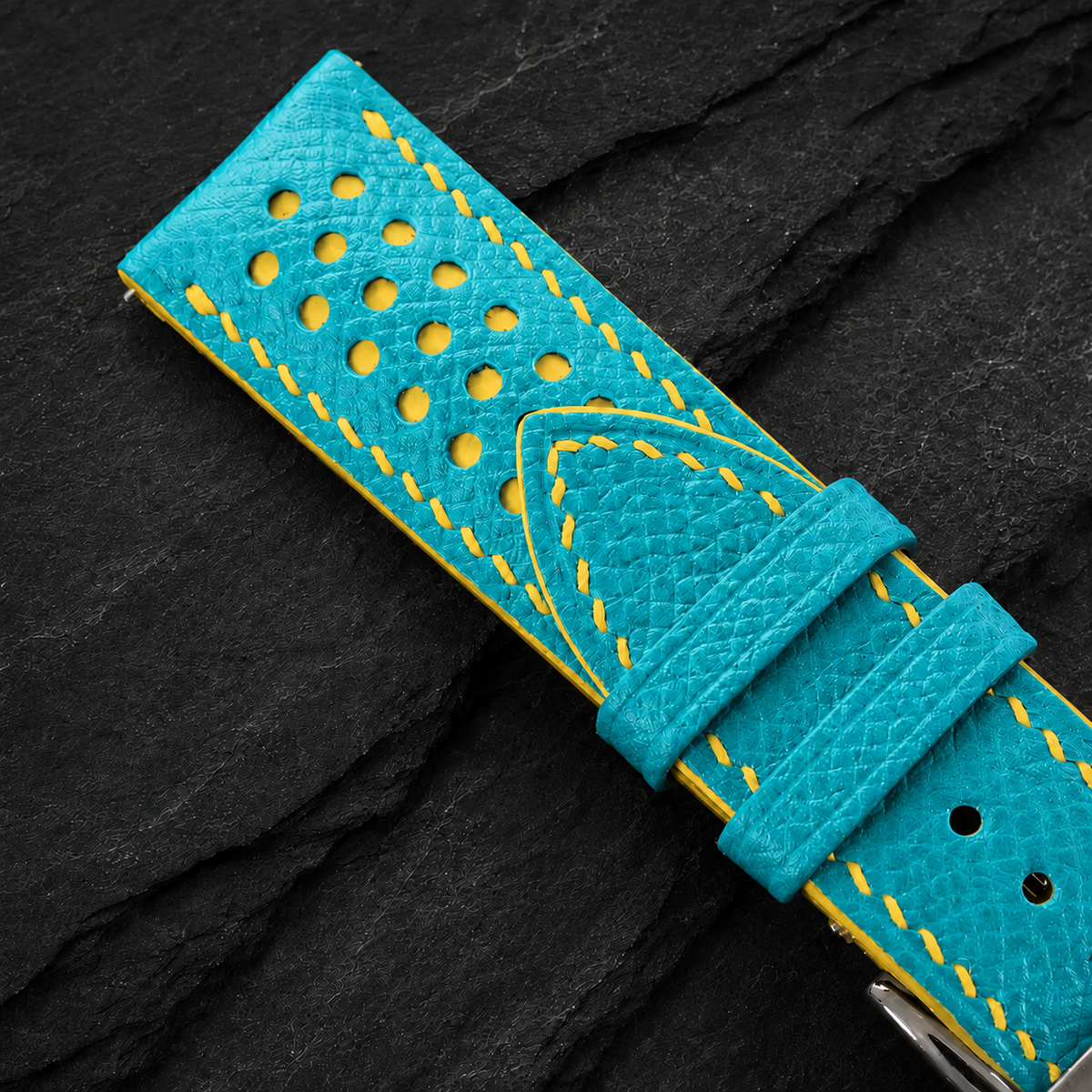 Turquoise and Yellow Racing Small Holes Rally Epsom Leather Watch Strap - Photo 6