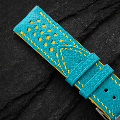 Turquoise and Yellow Racing Small Holes Rally Epsom Leather Watch Strap - Photo 6