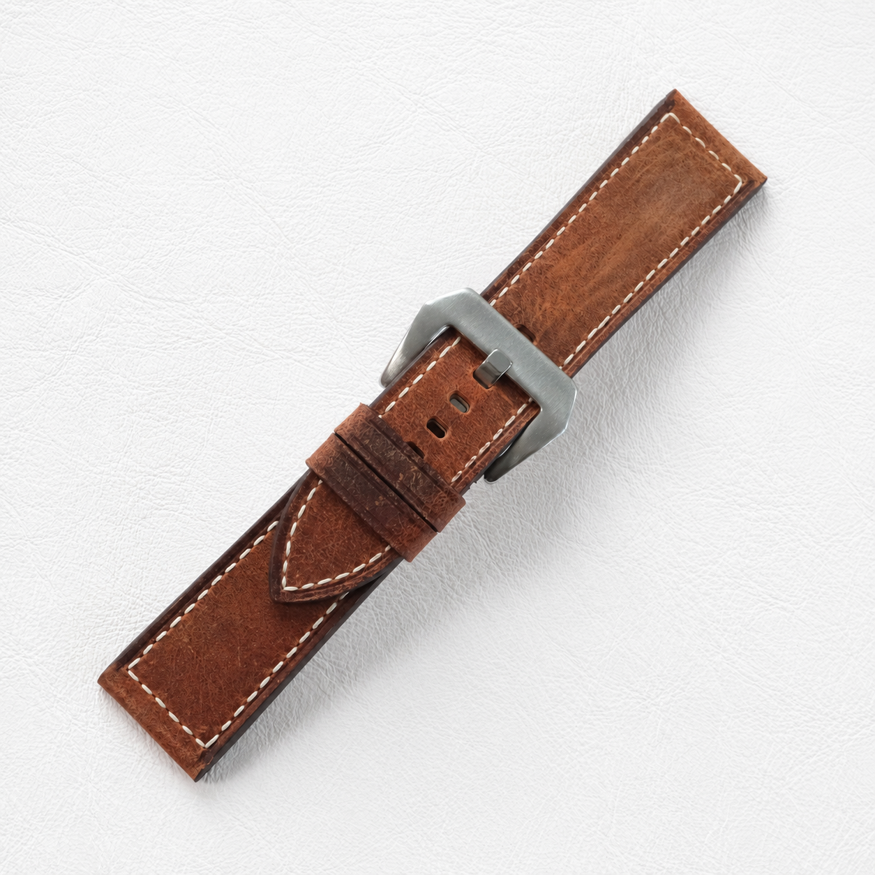 Vintage Brown Waxed Box Stitch Leather Watch Strap