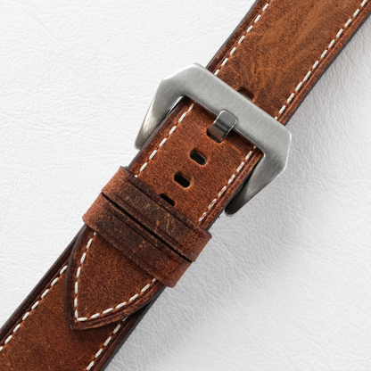 Vintage Brown Waxed Box Stitch Leather Watch Strap