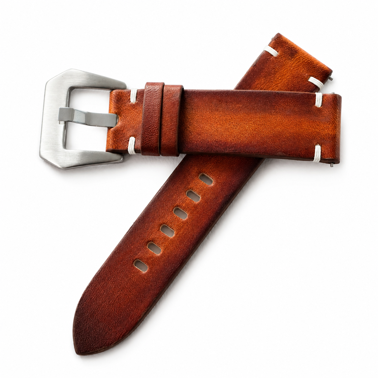 Vintage Cognac Brown Patina Vegetable Tanned Leather Watch Strap - Photo 2