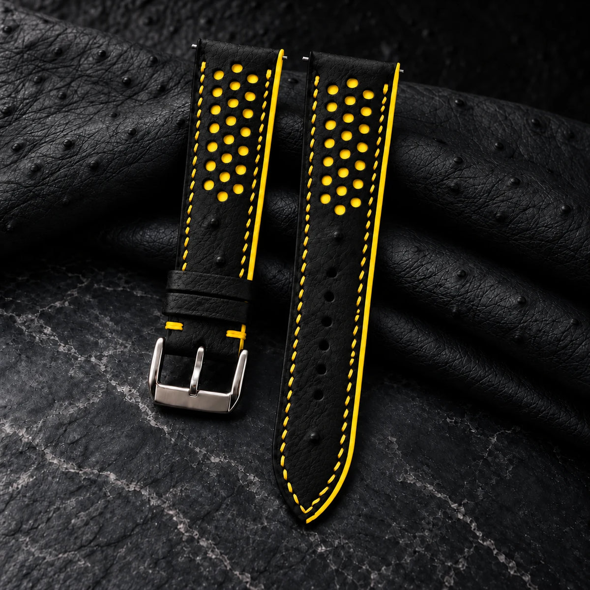 Black and Yellow Racing Small Holes Ostrich Leather Watch Strap - hero