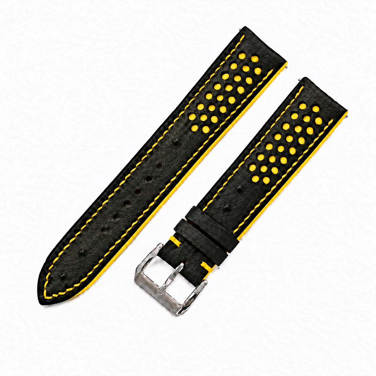 Black and Yellow Racing Small Holes Ostrich Leather Watch Strap - full strap yellow racing holes