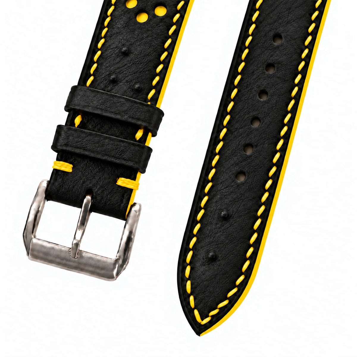 Black and Yellow Racing Small Holes Ostrich Leather Watch Strap - front view yellow perforations