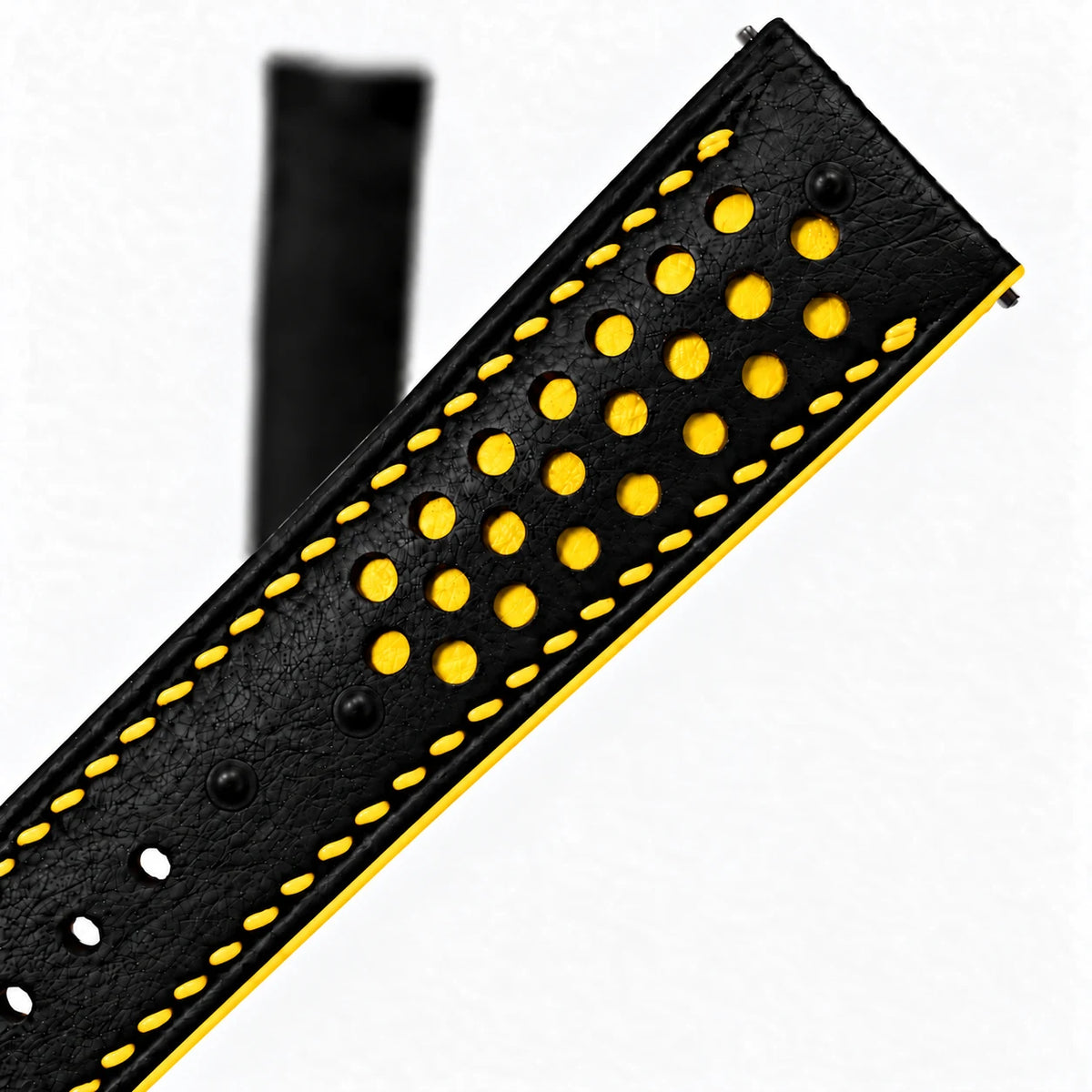 Black and Yellow Racing Small Holes Ostrich Leather Watch Strap - angled view yellow underlay