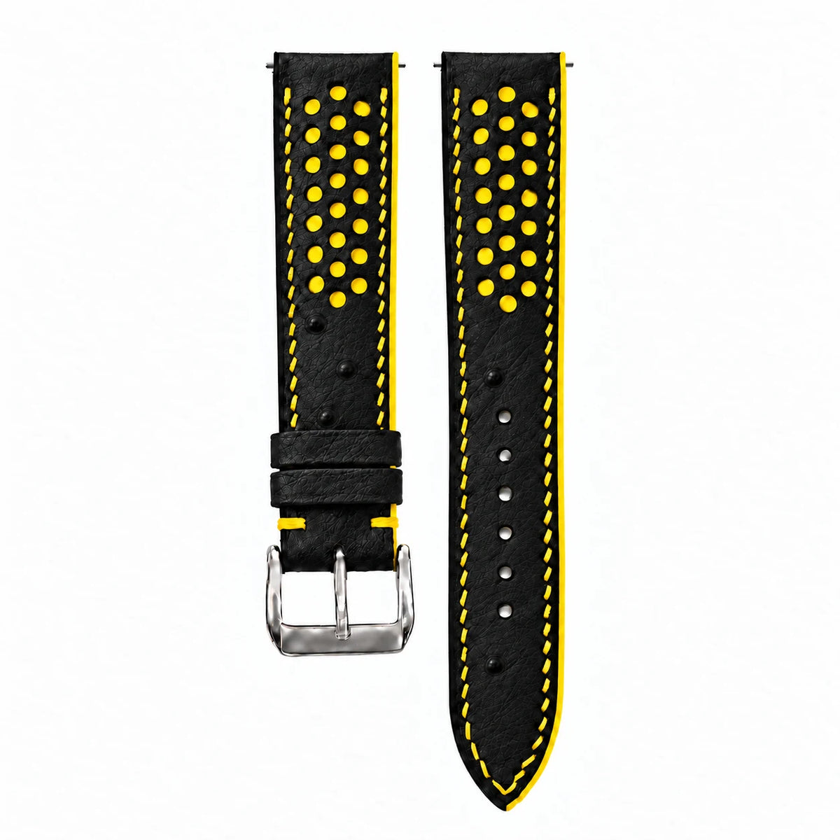 Black and Yellow Racing Small Holes Ostrich Leather Watch Strap - racing holes yellow underlay macro