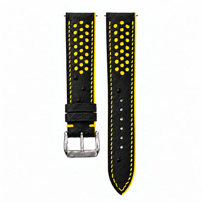 Black and Yellow Racing Small Holes Ostrich Leather Watch Strap - racing holes yellow underlay macro