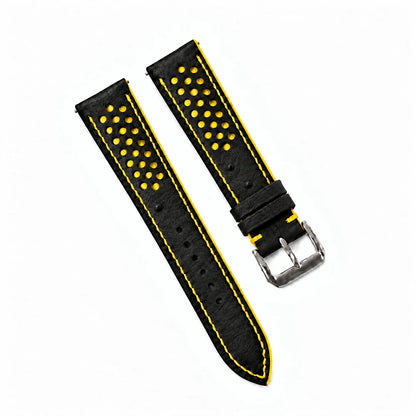Black and Yellow Racing Small Holes Ostrich Leather Watch Strap - buckle and tail yellow stitch detail