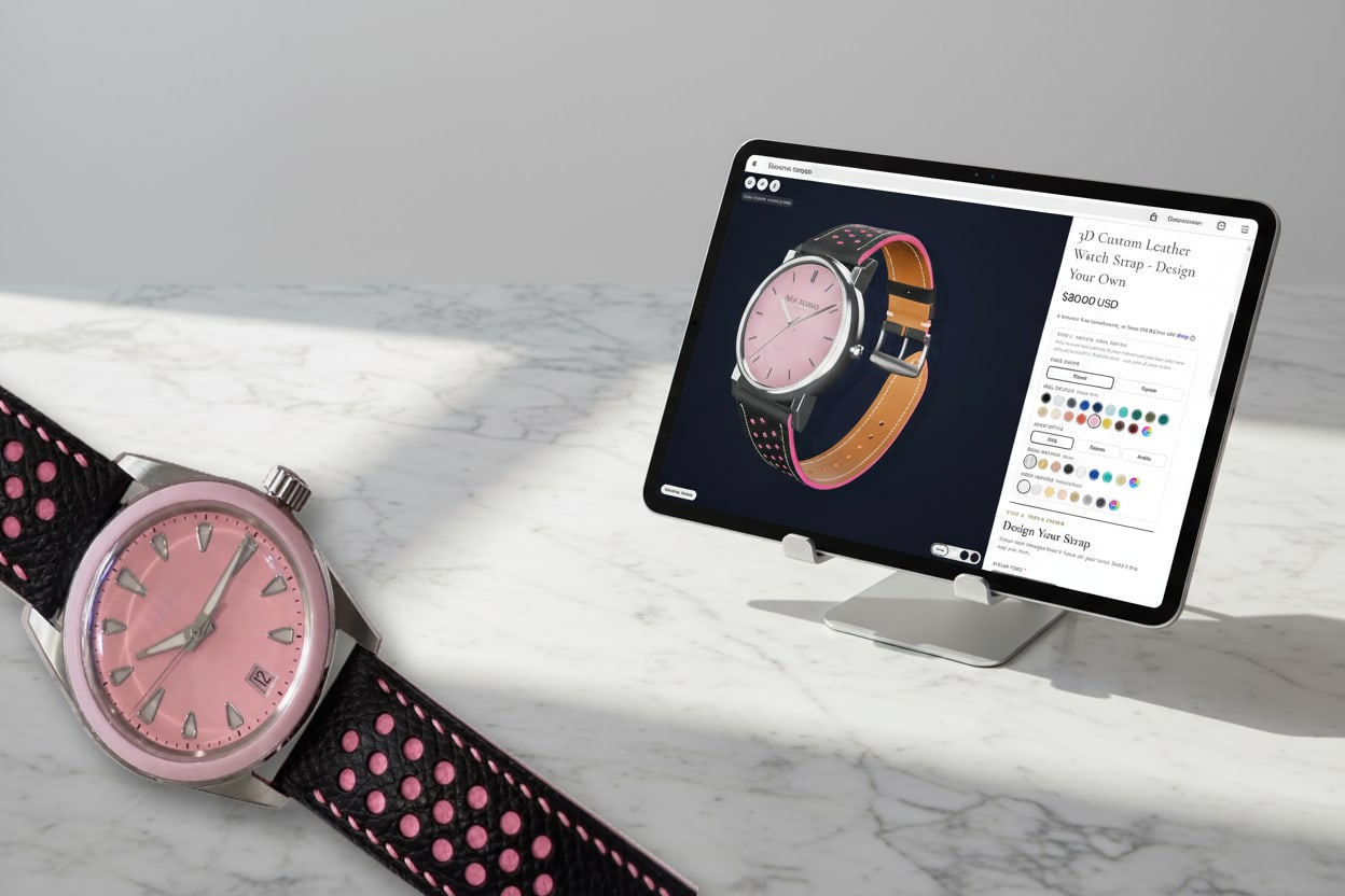 Real customer racing holes leather watch strap in front of an iPad showing the same strap in the MOCGOODS 3D designer