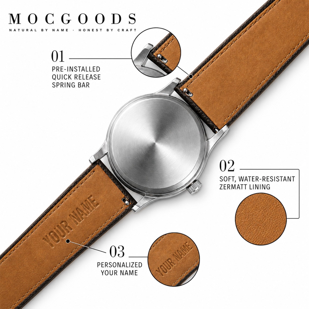 Watch strap structure: quick release spring bar, soft lining, personalized engraving